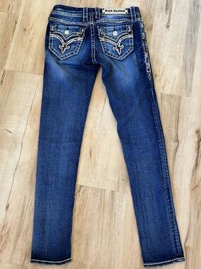 Rock Revival Skinny Jeans Size 26 Blue Wash Embellished Fleur De Lis Pocket